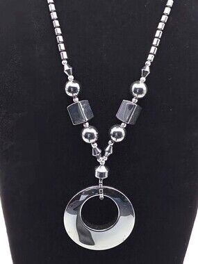 Black Hematite Geometric Pendant Necklace Magnetic Clasp Statement EUC